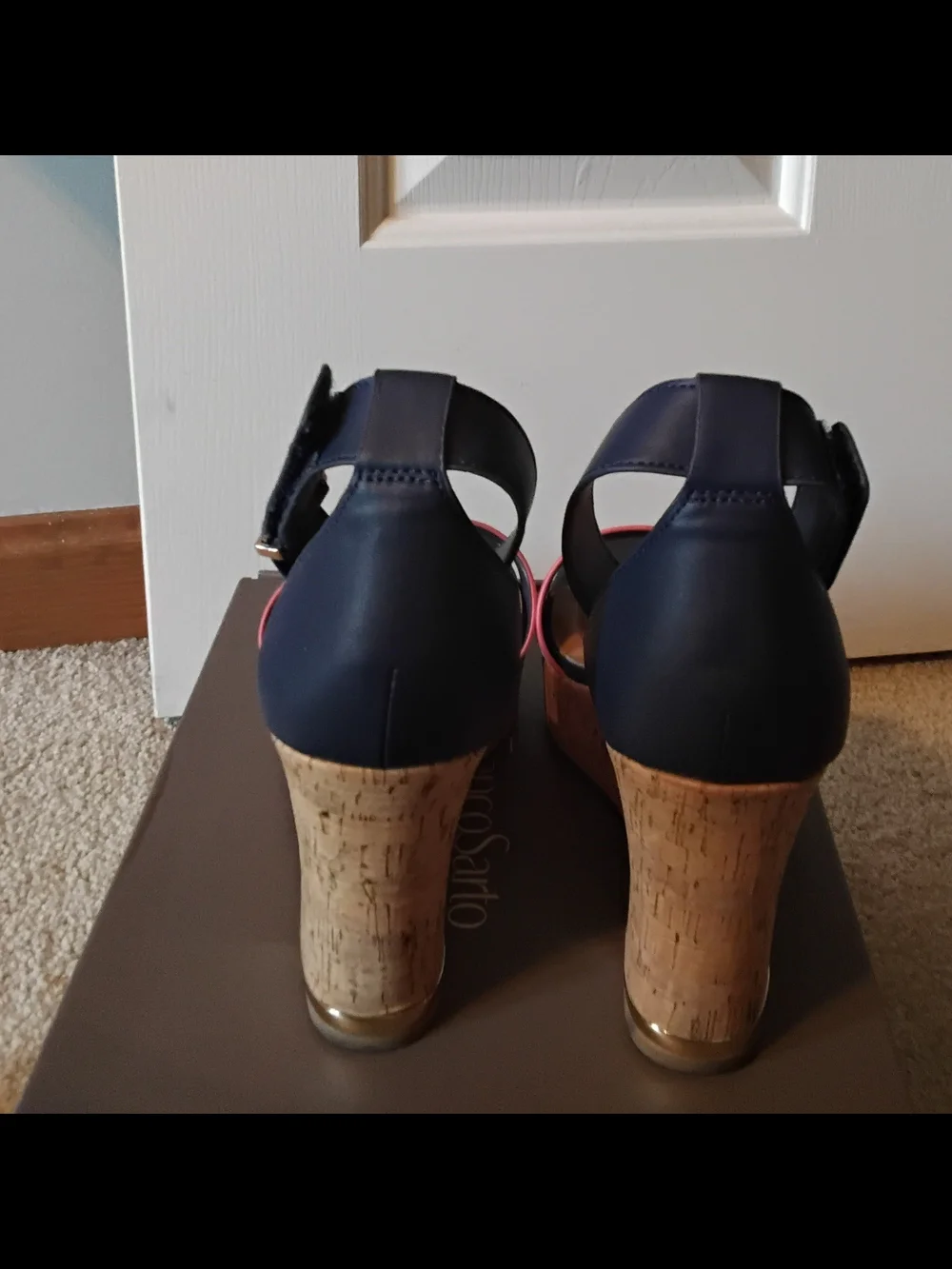 Franco Sarto Clemons Navy Espadrille Wedge Sandals with Multicolor Stripes, 8.5